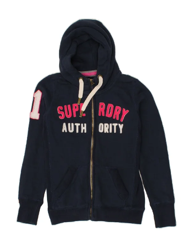 Deal Dash SUPERDRY Womens Graphic Zip Hoodie Sweater UK 6 XS Navy Blue Cotton