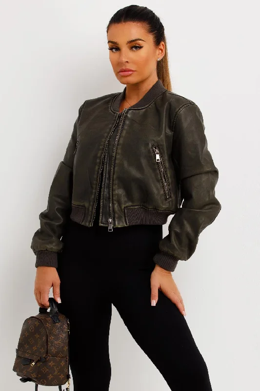 Extra Savings Faux Leather Bomber Jacket Khaki