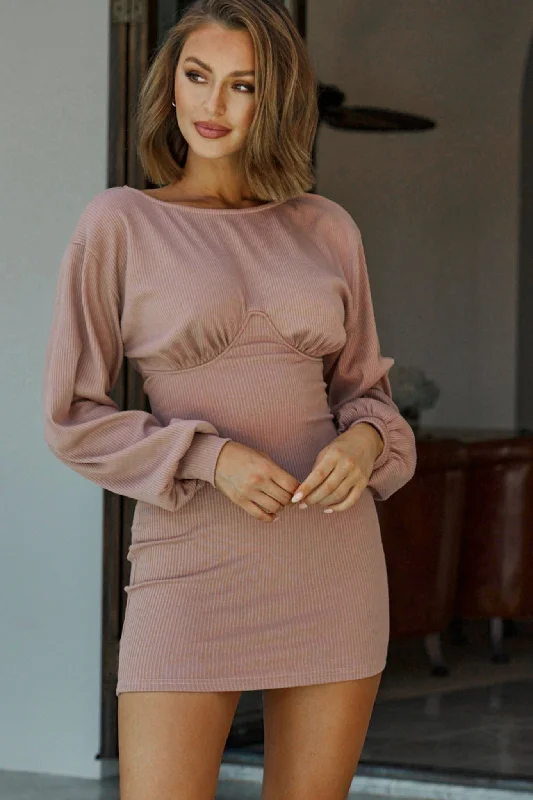 Final Clearance Sammy Long Balloon Sleeve Piping Detail Ribbed Dress Mauve