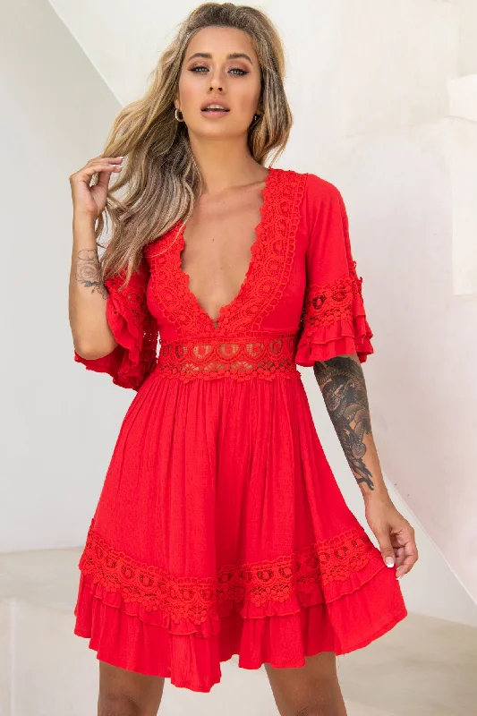Super Sale Kauai V-Neckline Crochet Lace Trim Dress Red
