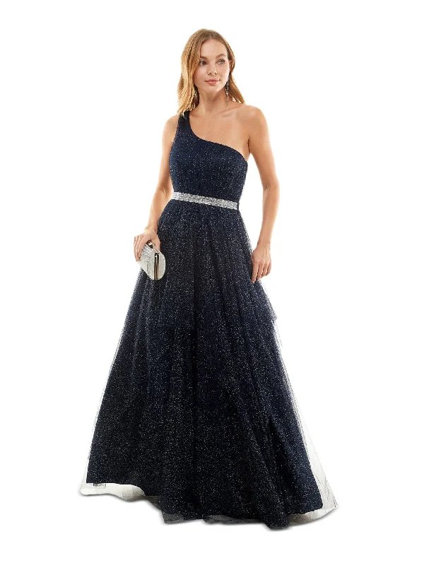 Best Bargains SAY YES TO THE PROM Womens Navy Zippered Embellished Lined Mesh Tulle Padded Sleeveless Asymmetrical Neckline Full-Length Formal Gown Dress
