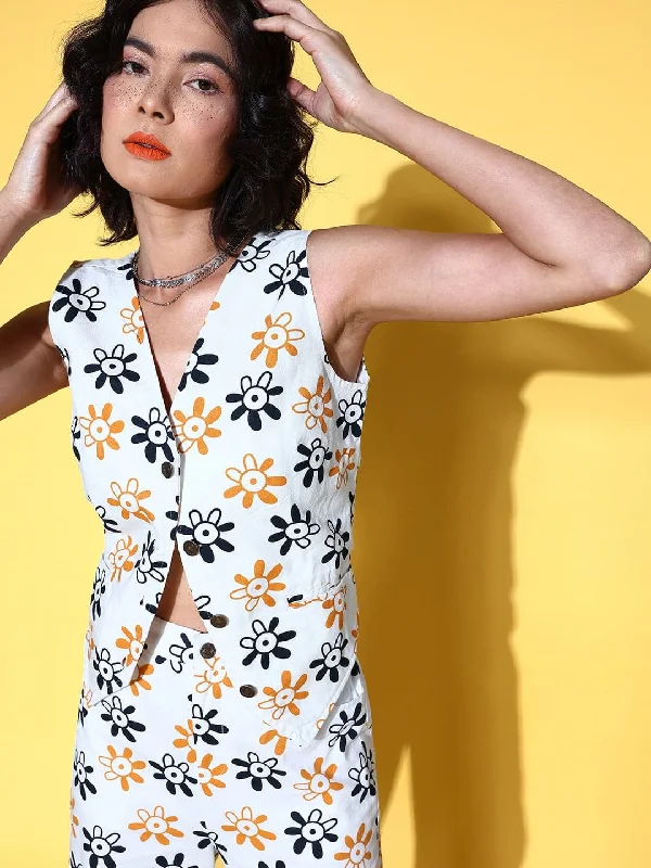 Price Fest Women White Floral Print Waistcoat