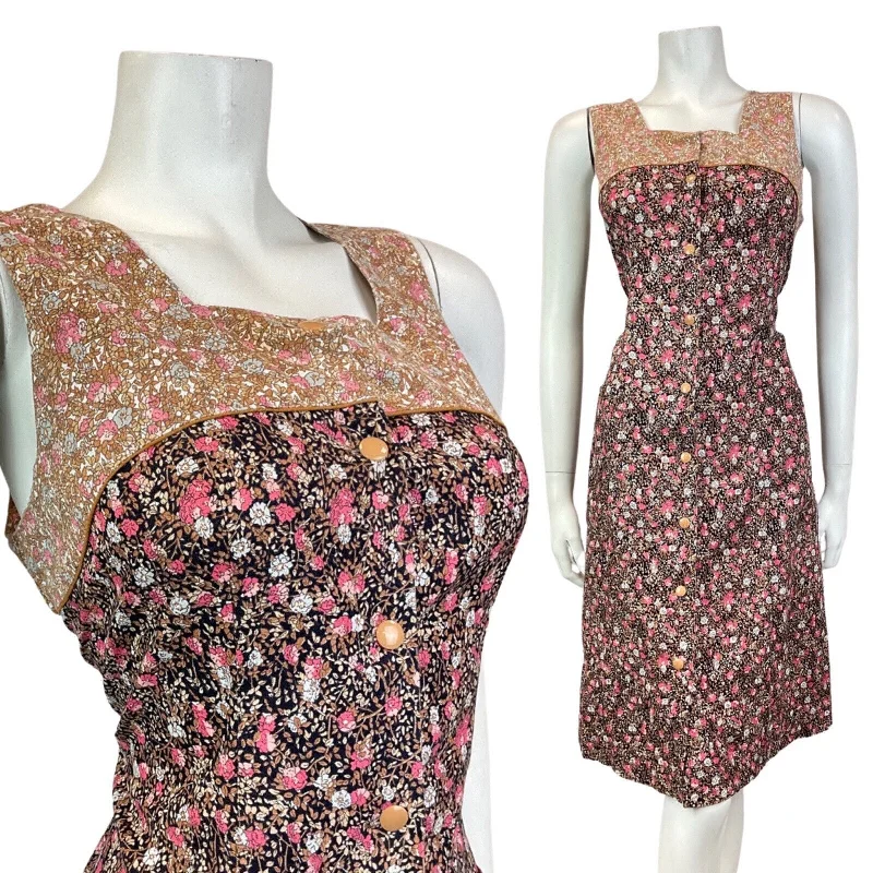 Unmissable Offer VINTAGE 60s 70s BLACK BROWN PINK DITSY FLOWER PINAFORE PINNY SUMMER DRESS 10 12