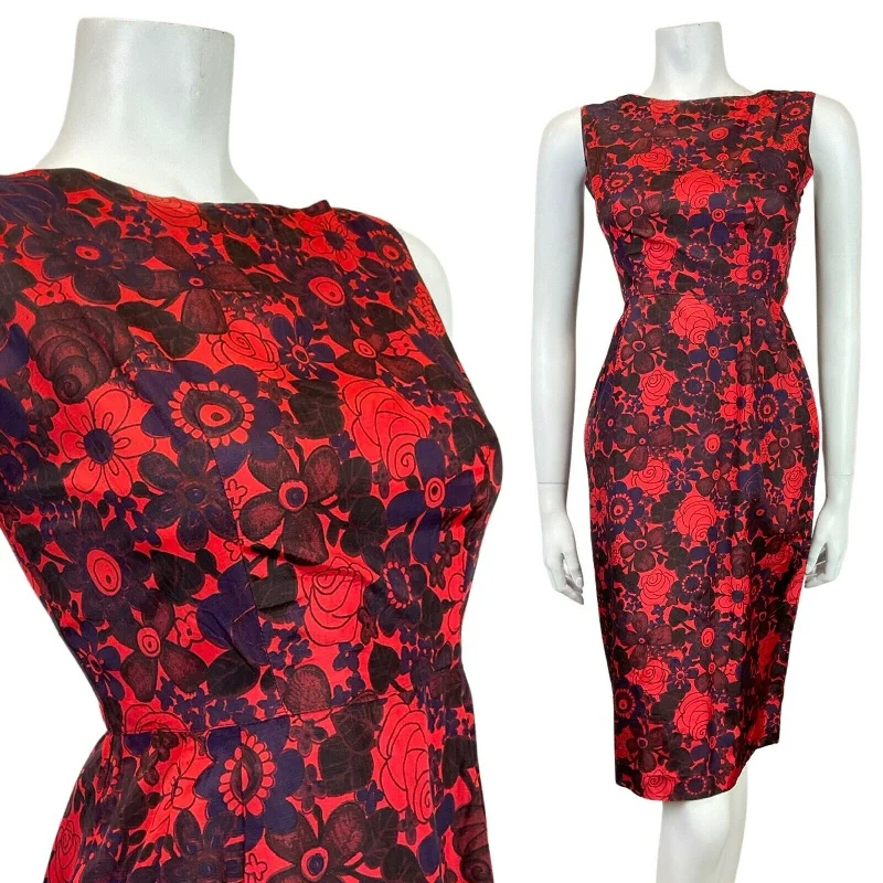 Deal Dash VINTAGE 60s RED PURPLE BROWN FLORAL SLEEVELESS WIGGLE PENCIL DRESS 6