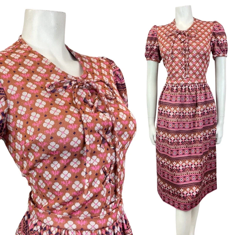 Shop and Save VINTAGE 60s 70s BROWN PINK WHITE GEOMETRIC DAISY LACE-UP BOHO FOLK MOD DRESS 10