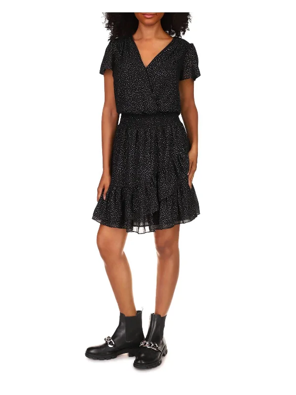 Major Savings MICHAEL MICHAEL KORS Womens Black Smocked Ruffled Lined Flutter Sleeve Surplice Neckline Short Faux Wrap Dress