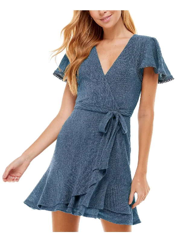 One-DAY Sale CITY STUDIO Womens Blue Ruffled Zippered Keyhole Back Belted Pom-pom Trim Heather Flutter Sleeve Surplice Neckline Short Party Fit + Flare Dress