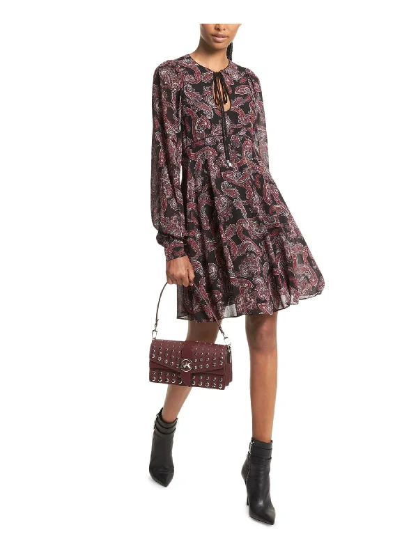 Weekend Deal MICHAEL MICHAEL KORS Womens Black Zippered Lined Cut Out Paisley Long Sleeve Tie Neck Short Baby Doll Dress