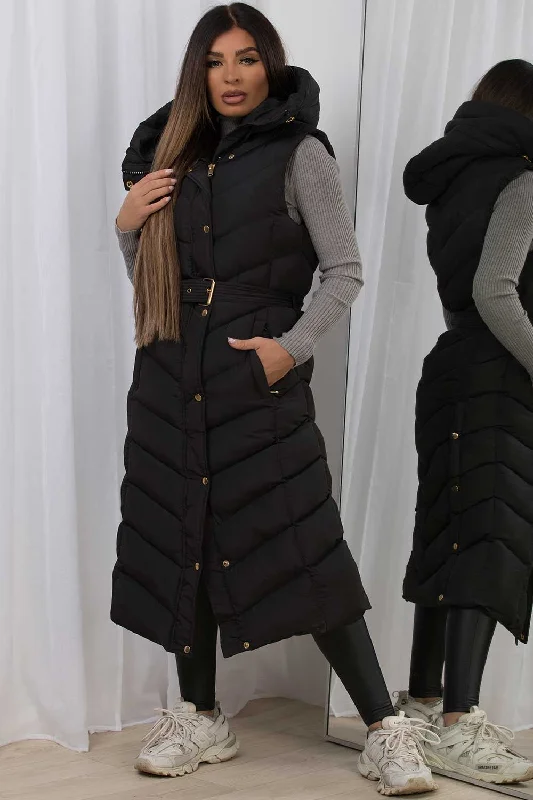 Price Rollback Long Gilet With Belt And Hood Black