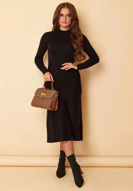 Holiday Sale Girl In Mind Chevi High Neck Knit Midi Skater Dress, Black