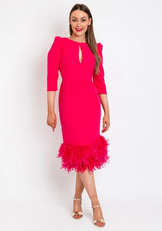 Sneak Peek Sale Herysa Begona Feather Trim Hem Midi Dress, Fuchsia