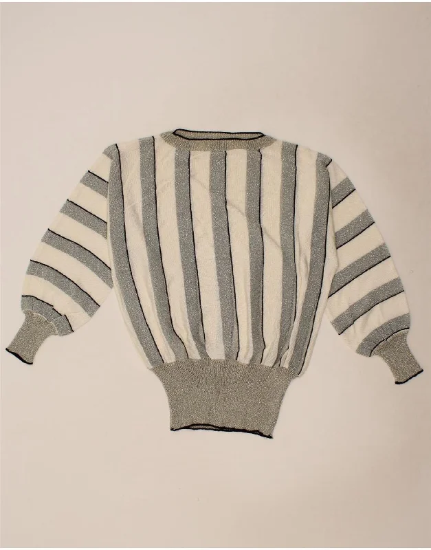 VINTAGE Womens Batwing Boat Neck Jumper Sweater UK 12 Medium Grey Striped