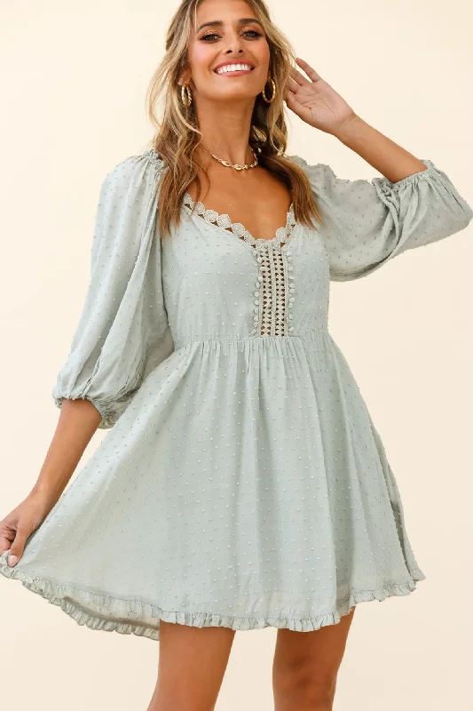 Super Bargain Dream Lover Puff Sleeve Crochet Insert Dress Olive
