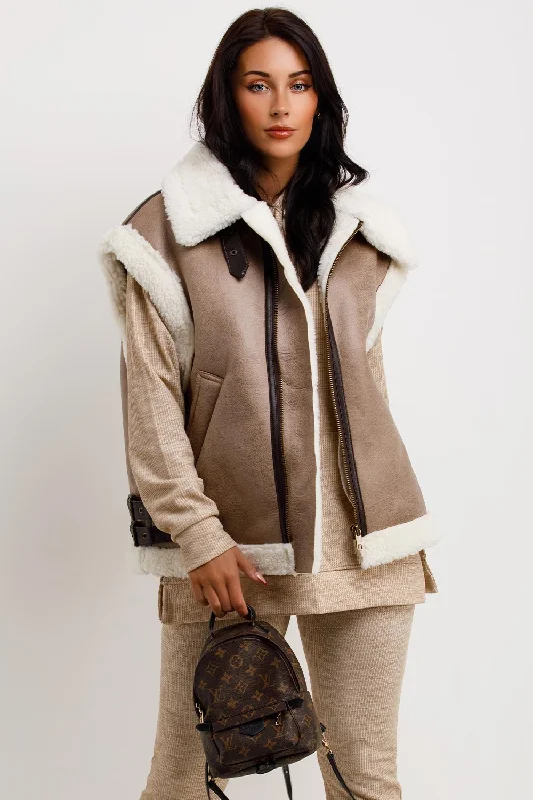 Deal of the Day Faux Shearling Aviator Gilet In Faux Leather Beige