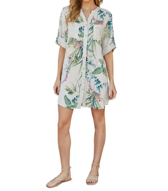 Deal Frenzy Italian Linen Botanical Print Dress In White