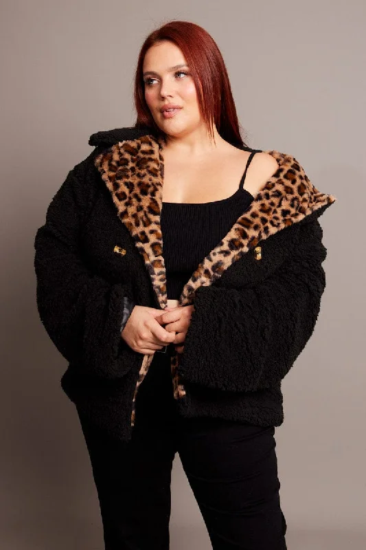 Black Teddy Jacket Long Sleeve Leopard Trim