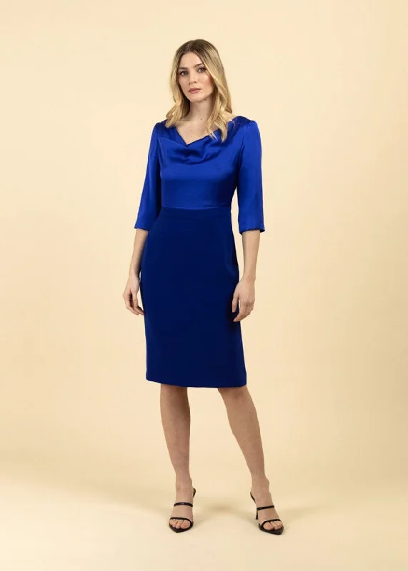 Fee G Sylvie Drape Neck Contrasting Pencil Midi Dress, Blue