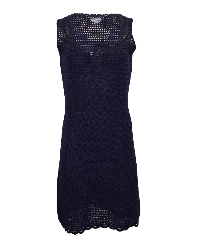 Crazy Deals Prada Sleeveless Crochet Dress in Navy Blue Cotton Wool