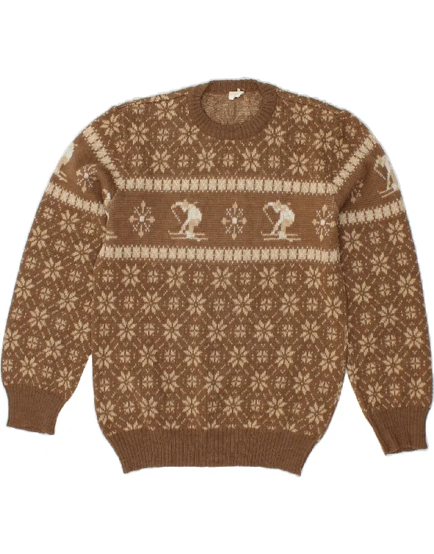 Stock Clearance VINTAGE Womens Crew Neck Jumper Sweater UK 10 Small Brown Fair Isle Wool