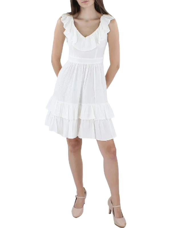 Quick Sale CALVIN KLEIN Womens White Zippered Textured Ruffled Neckline Tiered Hem Flutter Sleeve V Neck Above The Knee Fit + Flare Dress