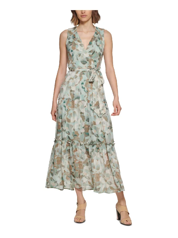 Super Sale CALVIN KLEIN Womens Green Zippered Sheer Lined Tie Belt Tiered Printed Sleeveless Surplice Neckline Maxi Fit + Flare Dress Super Sale CALVIN KLEIN Womens Green Zippered Sheer Lined Tie Belt Tiered Printed Sleeveless Surplice Neckline Maxi Fit + Flare Dress