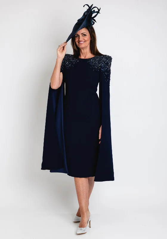 Final Markdown Veni Infantino Embellished Cape Sleeve Midi Dress, Navy