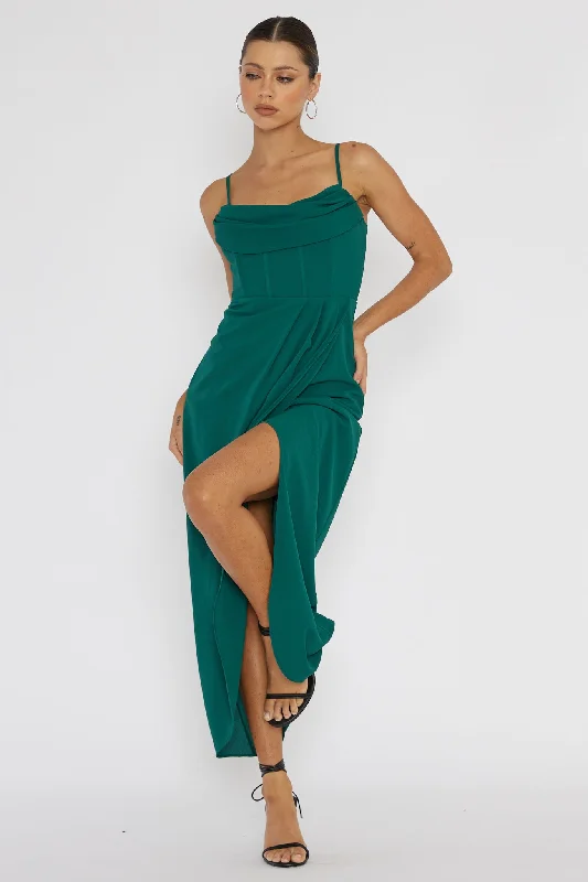 Patrice Draped Neck Split Midi Dress Forest Green