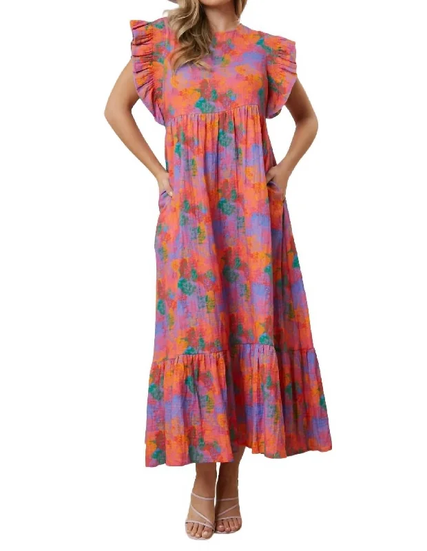 Huge Discounts Pretty On Point Gauze Floral Midi Dress In Purple Multi