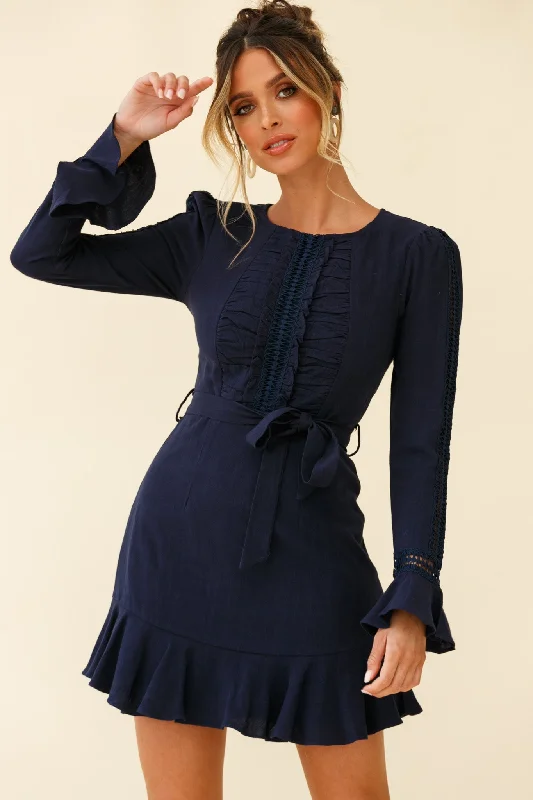 Price Buster Gardenia Long Sleeve Frill & Crochet Trim Dress Navy