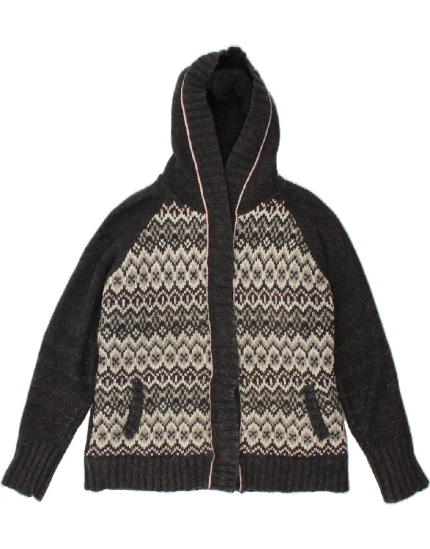 FAT FACE Womens Hooded Cardigan Sweater UK 16 Large Black Fair Isle Cotton