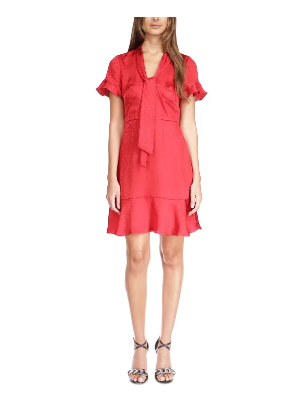 Price Smash MICHAEL MICHAEL KORS Womens Red Ruffled Pullover Tie Detail Short Sleeve V Neck Short Party Fit + Flare Dress