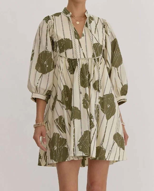 Crazy Deals Puff Sleeve Floral Dress In Olive