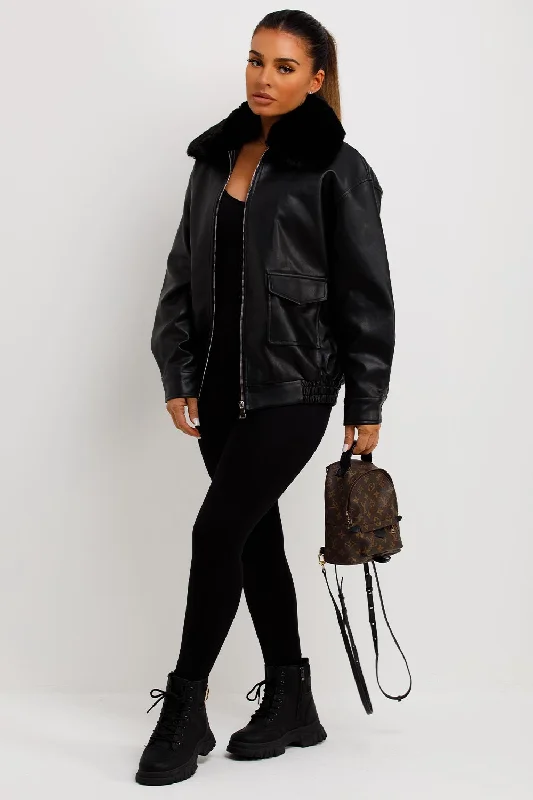 Crazy Deals Faux Leather Jacket With Faux Fur Collar Black