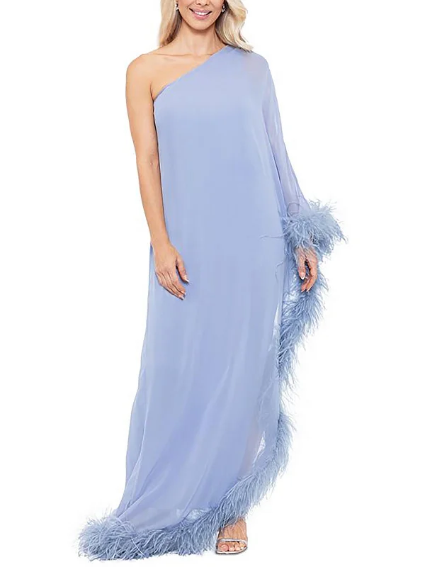 Anniversary Sale Womens Feather Trim One Shoulder Evening Dress