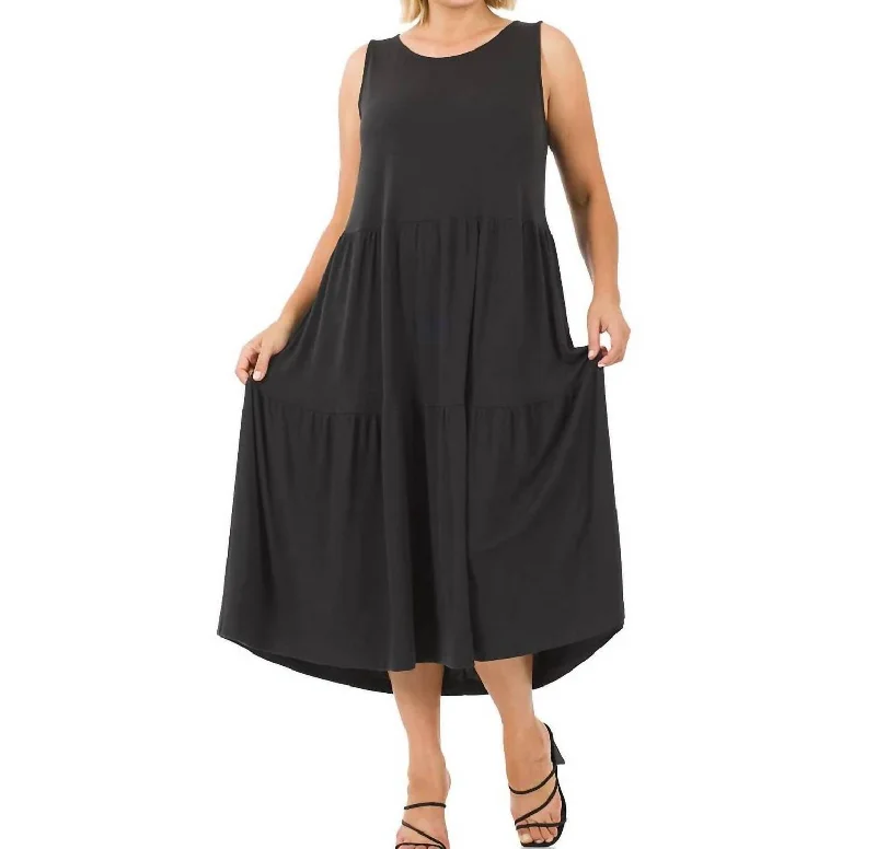 Deal Explosion Monica Tiered Midi Dress In Black