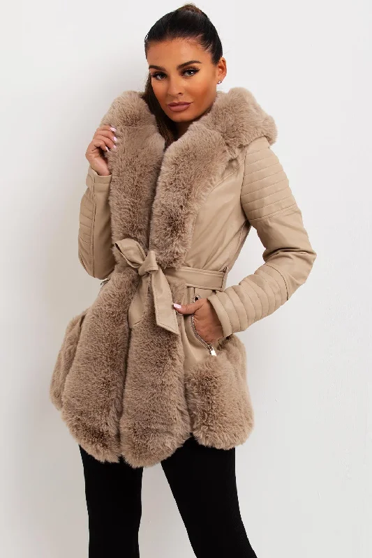 Midnight Madness Faux Leather Jacket With Faux Fur Panels Beige