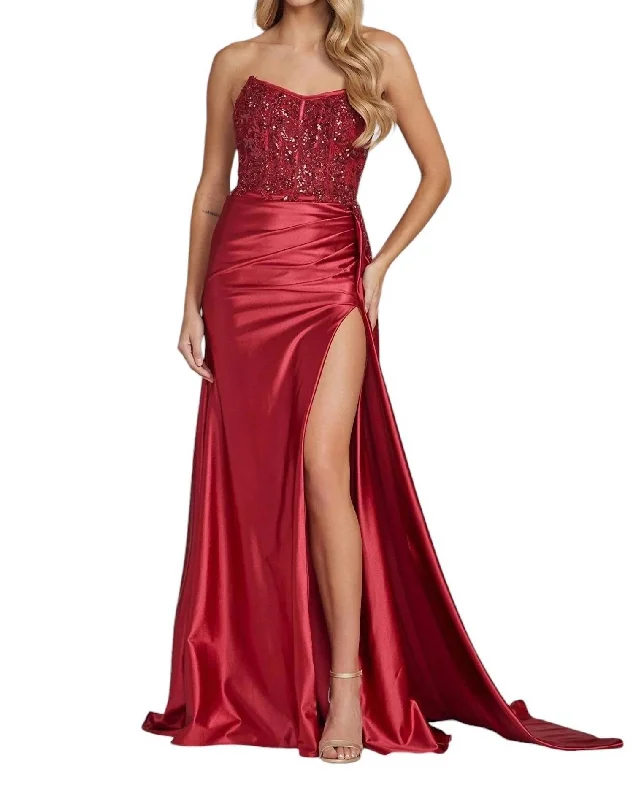 Last Chance Embroidered Strapless Slit Gown In Burgundy
