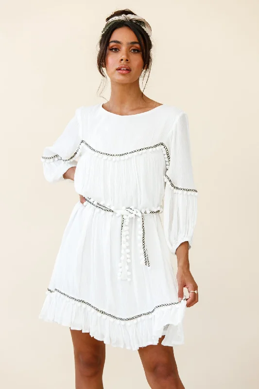 Must-Have Deals Marionette Three-Quarter Sleeve Pom-Pom Dress White