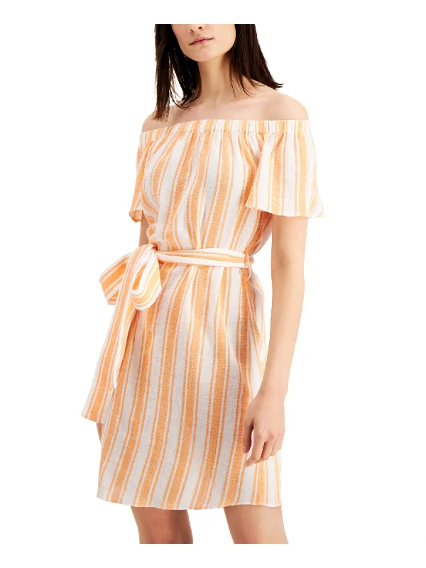 Exclusive Preview MICHAEL MICHAEL KORS Womens Orange Textured Belted Pullover Lined Striped Flutter Sleeve Off Shoulder Above The Knee Sheath Dress