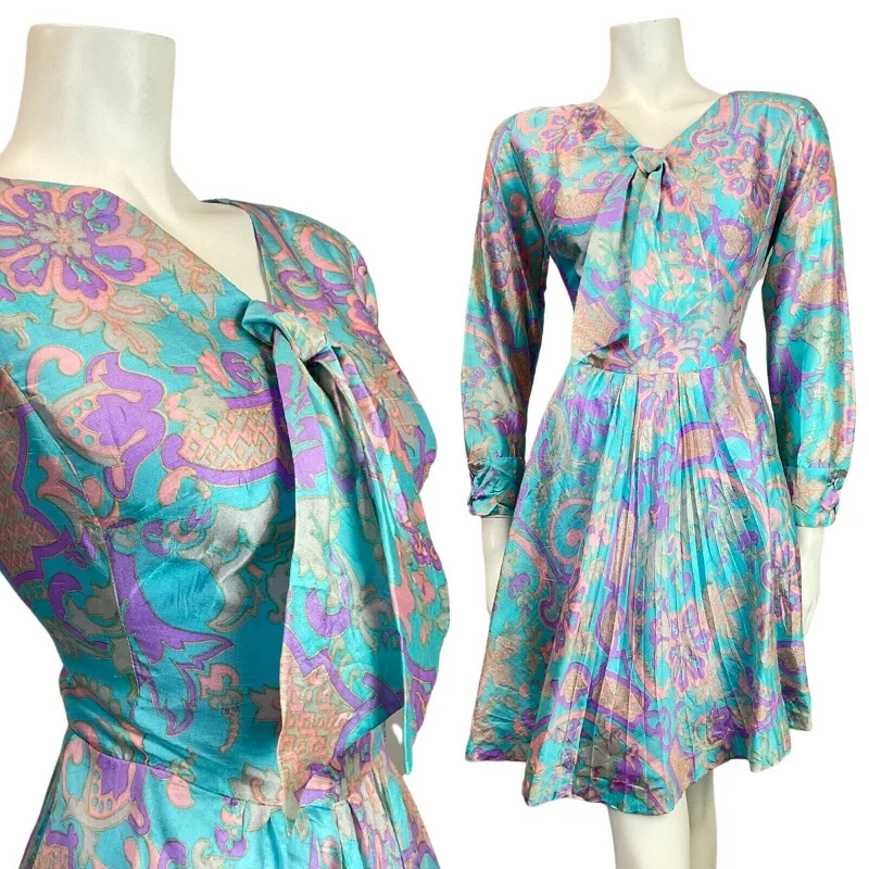 Today's Special VINTAGE 60s 70s BLUE PURPLE GREY PSYCHEDELIC FLORAL SILK BOW SWING DRESS 12 14 Today's Special VINTAGE 60s 70s BLUE PURPLE GREY PSYCHEDELIC FLORAL SILK BOW SWING DRESS 12 14