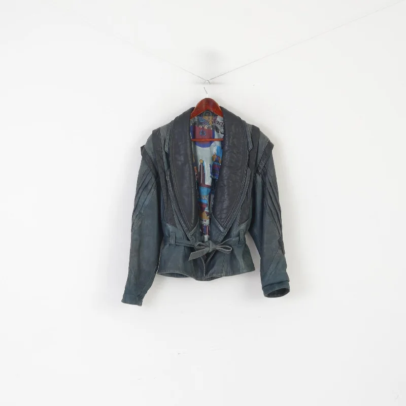 New Markdowns Vintage Women 40 M Jacket Blue Leather Shoulder Pads Retro Style Biker Belted Top