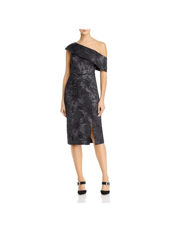 Online Only AIDAN MATTOX Womens Black Zippered Ruched Offset Front Slit Cap Sleeve Asymmetrical Neckline Knee Length Formal Sheath Dress Online Only AIDAN MATTOX Womens Black Zippered Ruched Offset Front Slit Cap Sleeve Asymmetrical Neckline Knee Length Formal Sheath Dress