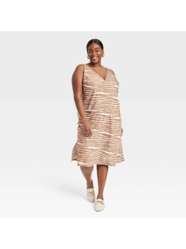 Clearance Sale RACHEL RACHEL ROY Womens Beige Stretch Gathered Draped Front Overlap Skirt Printed Sleeveless Surplice Neckline Midi Party Faux Wrap Dress
