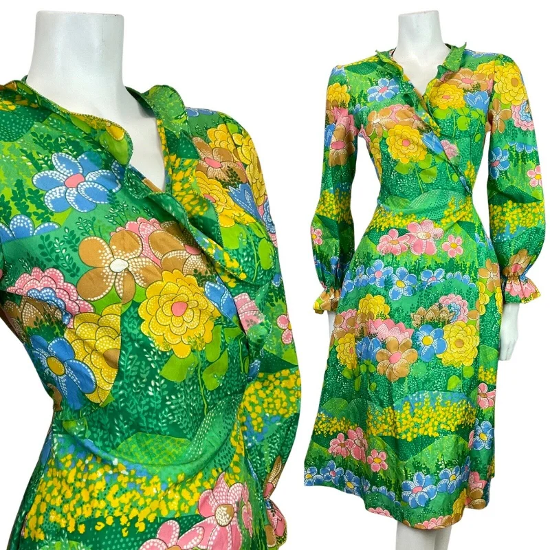 Deal of the Day VINTAGE 60s 70s GREEN BLUE YELLOW PSYCHEDELIC FLORAL GARDEN RUFFLE WRAP DRESS 10