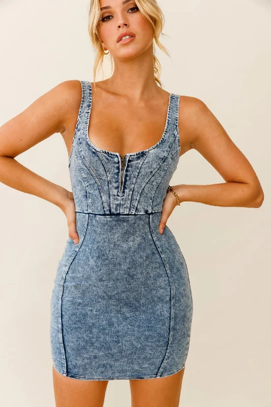 Super Savings Rhythm Wide Strap Bodycon Mini Dress Washed Blue