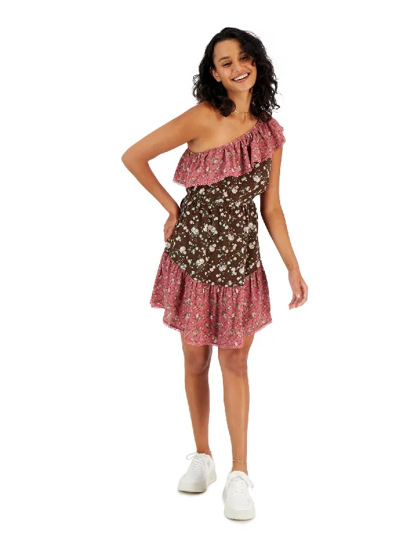 Fantastic Deals BAR III DRESSES Womens Brown Textured Scalloped Elastic Waist Lined Pullover Floral Flutter Sleeve Asymmetrical Neckline Above The Knee Fit + Flare Dress