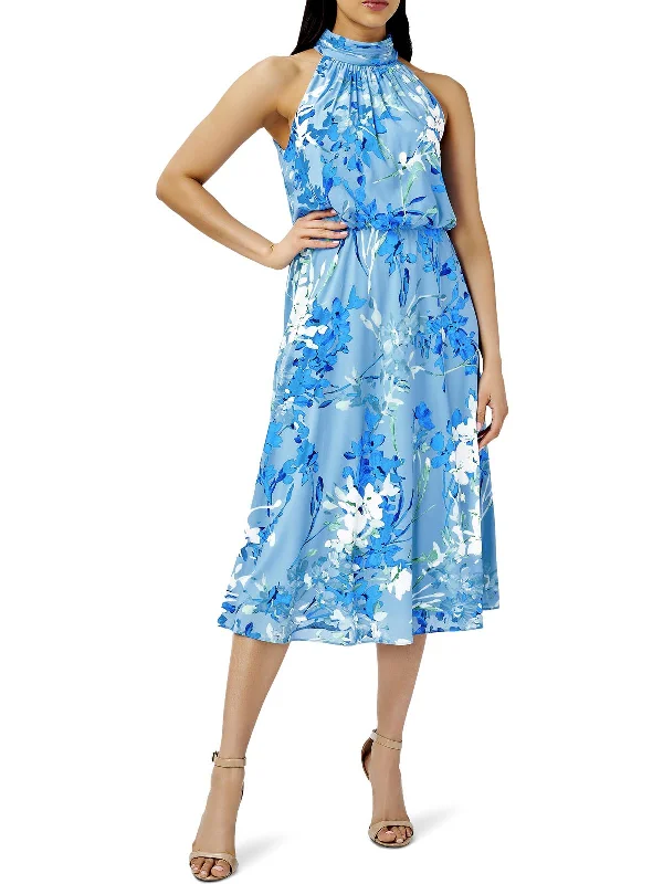 Womens Floral Midi Halter Dress