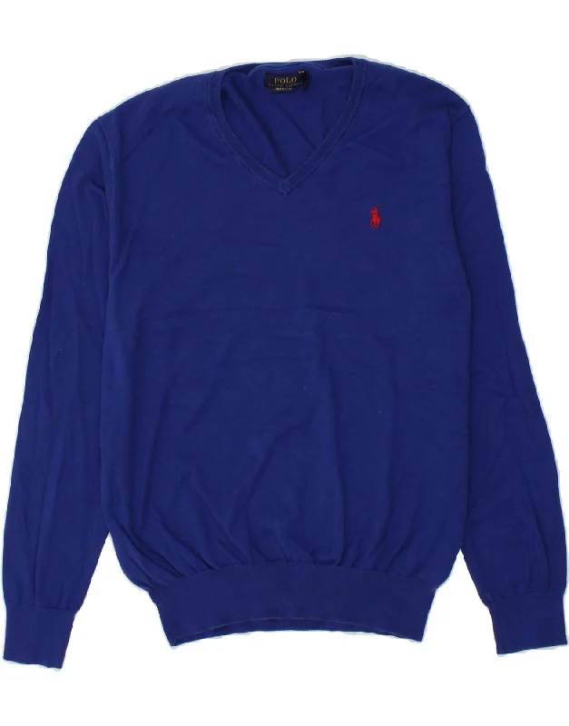 Quick Sale POLO RALPH LAUREN Womens V-Neck Jumper Sweater UK 16 Large Blue Cotton