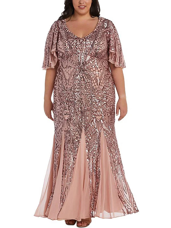 Today Only Plus Womens Sequin Flutter Sleeve Evening Dress