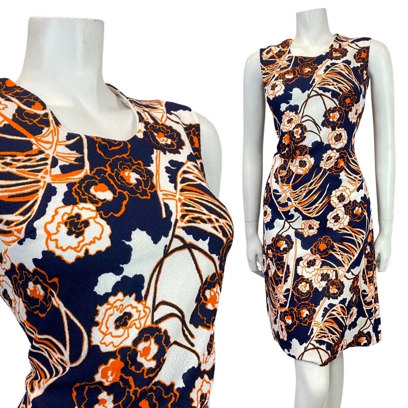 Clearance Event VINTAGE 60s 70s BLUE WHITE ORANGE PSYCHEDELIC FLORAL MOD SLEEVELESS DRESS 10